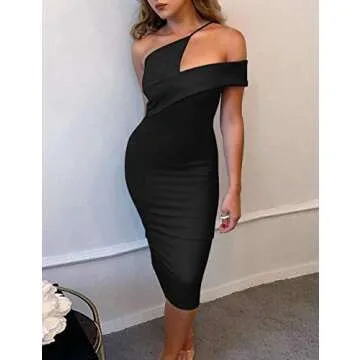 UONBOX Women's Cut Out One Shoulder Sleeveless Split Club Party Fashion Bandage Dress Black L