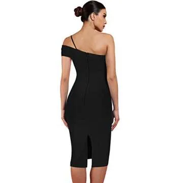 UONBOX Women's Cut Out One Shoulder Sleeveless Split Club Party Fashion Bandage Dress Black L