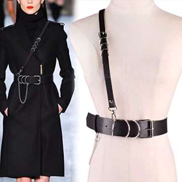 Fashion Black Faux leather Harness Waist Body Belt Punk Chest Belt with Chains for Women Girls Ladie...