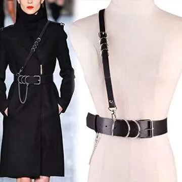 Stylish Black Faux Leather Harness Waist Body Belt with Chains for Women