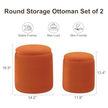 Recximi Orange Round Storage Ottoman Set of 2, Large Velvet Ottoman with Storage, Multifunctional Va...