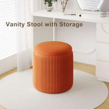 Recximi Orange Round Storage Ottoman Set of 2, Large Velvet Ottoman with Storage, Multifunctional Vanity Stool, Small Pouf Ottomans Foot Stool, Storage Stools for Living Room, Bedroom