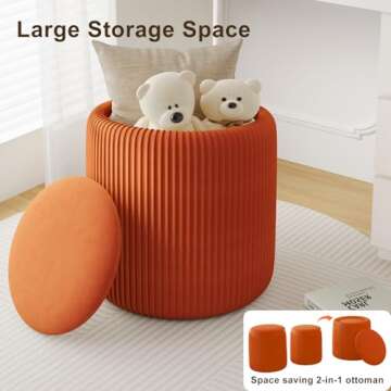 Recximi Orange Round Storage Ottoman Set of 2, Large Velvet Ottoman with Storage, Multifunctional Vanity Stool, Small Pouf Ottomans Foot Stool, Storage Stools for Living Room, Bedroom