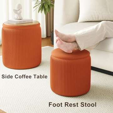 Recximi Orange Round Storage Ottoman Set of 2, Large Velvet Ottoman with Storage, Multifunctional Vanity Stool, Small Pouf Ottomans Foot Stool, Storage Stools for Living Room, Bedroom