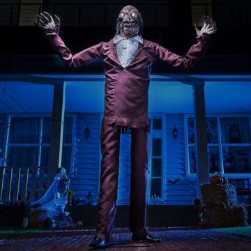 JOYIN Halloween Animatronics Standing Zombie with Suit, 7.5ft Giant Halloween Decorations Scary Prop with Motion & Light & Sound (Sound Sensor), Animated Decor for Outdoor Graveyard lawn Haunted House