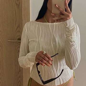 ABYOVRT Women Sexy Textured Crop Tops Long Sleeve Ruched Slim Fit T-shirts Going Out Cropped Tee Clu...