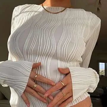 ABYOVRT Women Sexy Textured Crop Tops Long Sleeve Ruched Slim Fit T-shirts Going Out Cropped Tee Club Streetwear(A-White,Medium)