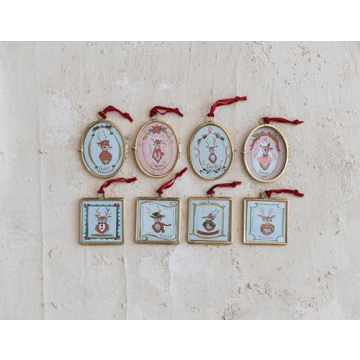 Creative Co-Op Glass and Metal Photo Frame Ornament with Santa's Reindeer and Velvet Ribbon, Multicolor, Set of 8