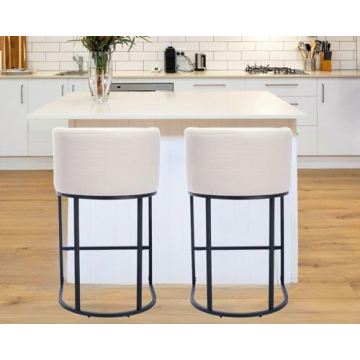 HNY Modern Bar Height Linen Fabric Upholstered Counter Stool Set of 2, 32 inch Barstool with Tubular...