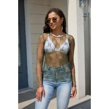 YAMILI Lace Tops for Women Mesh Long Sleeve Top Crew Neck Sheer Blouse Sexy See Through Layering Shirts Outfits Green