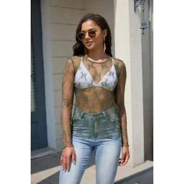 YAMILI Lace Tops for Women Mesh Long Sleeve Top Crew Neck Sheer Blouse Sexy See Through Layering Shirts Outfits Green