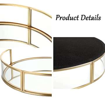 ELLDOO Gold Round Glass Tray, Mirror Jewelry Tray Perfume Tray Mirror Vanity Tray Dresser Tray Ornate Tray Metal Decorative Tray Perfume Organizer Makeup Tray for Vanity Dresser