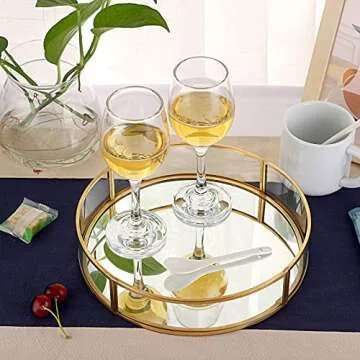 ELLDOO Gold Round Glass Tray, Mirror Jewelry Tray Perfume Tray Mirror Vanity Tray Dresser Tray Ornate Tray Metal Decorative Tray Perfume Organizer Makeup Tray for Vanity Dresser