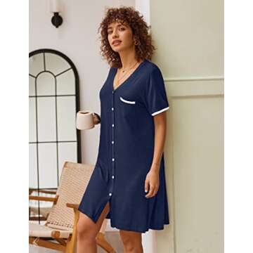 Ekouaer Nightgowns for Women Button Down Pajamas Tops Short Sleeve Sleepwear V-Neck Sleepwear Navy Blue L