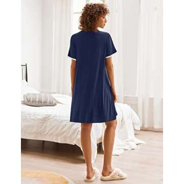 Ekouaer Nightgowns for Women Button Down Pajamas Tops Short Sleeve Sleepwear V-Neck Sleepwear Navy Blue L
