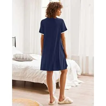 Ekouaer Nightgowns for Women Button Down Pajamas Tops Short Sleeve Sleepwear V-Neck Sleepwear Navy Blue L