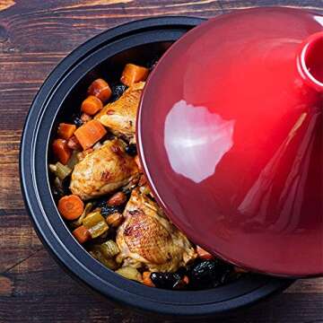 Kook Moroccan Tagine, Preseasoned Cast Iron Cooking Pot, Tajine with Ceramic Cone-Shaped Closed Lid, 3.3 QT (Crimson)