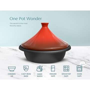 Kook Moroccan Tagine, Preseasoned Cast Iron Cooking Pot, Tajine with Ceramic Cone-Shaped Closed Lid, 3.3 QT (Crimson)