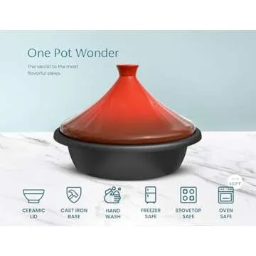 Kook Moroccan Tagine, Preseasoned Cast Iron Cooking Pot, Tajine with Ceramic Cone-Shaped Closed Lid, 3.3 QT (Crimson)