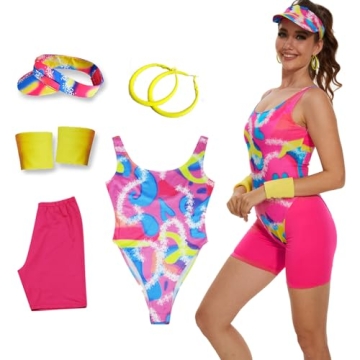 Saxcdyi 80s Workout Costume Outfit Leotard Legging Wristbands Sun Visor Earrings Set Halloween Women...