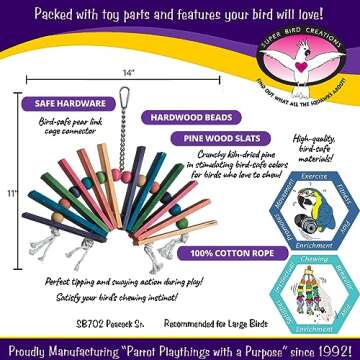 Super Bird Creations SB702 Peacock Sr. Bird Toy - Kiln Dried Pine Wood Slats, Hardwood Beads, 100% C...