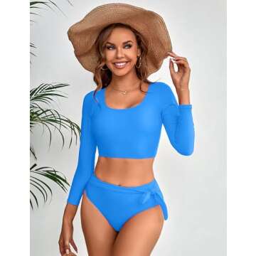 GirlsUpto Womens Two Piece Swimsuits High Waisted Bikini Set Rash Guard Bathing Suit Long Sleeve Swimwear Crop Top Teen Girls