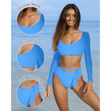 GirlsUpto Womens Two Piece Swimsuits High Waisted Bikini Set Rash Guard Bathing Suit Long Sleeve Swimwear Crop Top Teen Girls
