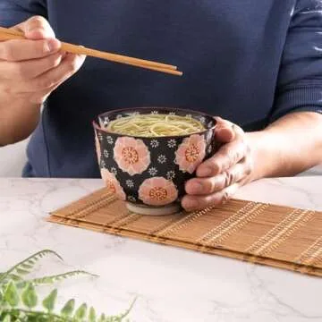 Urban Tokyo Handpainted Ceramic Glazed Japanese Ramen Udon Noodle Rice Bowl With Chopsticks 20 fl oz 5 inch Diameter Bowl Sets Color Box Packaging (Sakura Cherry Blossoms)