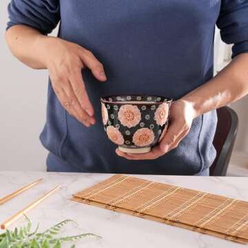 Urban Tokyo Handpainted Ceramic Glazed Japanese Ramen Udon Noodle Rice Bowl With Chopsticks 20 fl oz 5 inch Diameter Bowl Sets Color Box Packaging (Sakura Cherry Blossoms)
