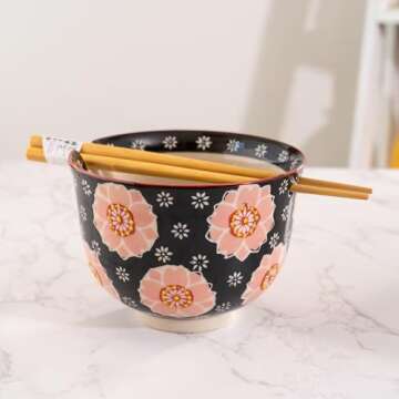 Urban Tokyo Handpainted Ceramic Glazed Japanese Ramen Udon Noodle Rice Bowl With Chopsticks 20 fl oz 5 inch Diameter Bowl Sets Color Box Packaging (Sakura Cherry Blossoms)