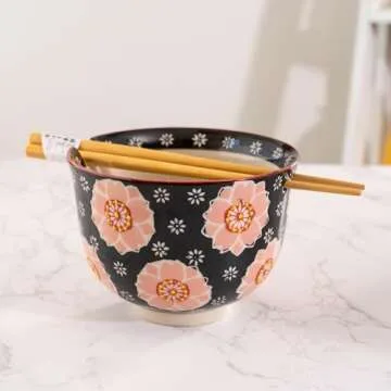 Urban Tokyo Handpainted Ceramic Glazed Japanese Ramen Udon Noodle Rice Bowl With Chopsticks 20 fl oz 5 inch Diameter Bowl Sets Color Box Packaging (Sakura Cherry Blossoms)