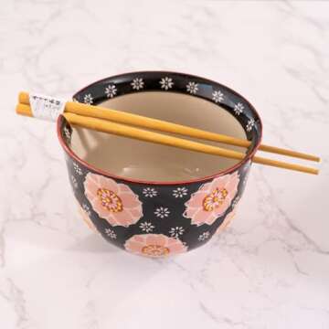Urban Tokyo Handpainted Ceramic Glazed Japanese Ramen Udon Noodle Rice Bowl With Chopsticks 20 fl oz 5 inch Diameter Bowl Sets Color Box Packaging (Sakura Cherry Blossoms)