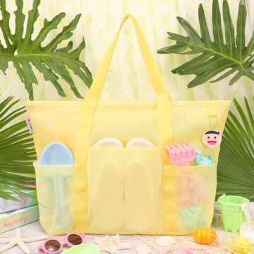 Tagitary Beach Toys Mesh Beach Bag with Zipper and 8 Pockets, Yellow Large Beach Tote Waterproof San...