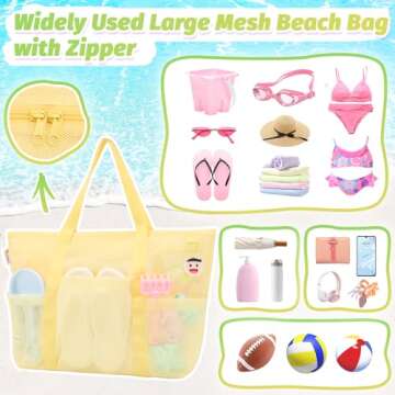 Tagitary Beach Toys Mesh Beach Bag with Zipper and 8 Pockets, Yellow Large Beach Tote Waterproof Sandproof for Camping Sports Pool Swim Bag Foldable Beach Accessories Storage Travel Bag