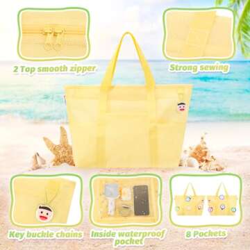 Tagitary Beach Toys Mesh Beach Bag with Zipper and 8 Pockets, Yellow Large Beach Tote Waterproof Sandproof for Camping Sports Pool Swim Bag Foldable Beach Accessories Storage Travel Bag