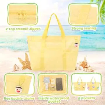 Tagitary Beach Toys Mesh Beach Bag with Zipper and 8 Pockets, Yellow Large Beach Tote Waterproof Sandproof for Camping Sports Pool Swim Bag Foldable Beach Accessories Storage Travel Bag