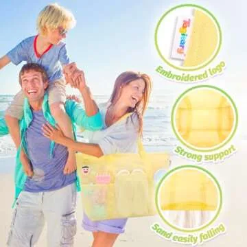Tagitary Beach Toys Mesh Beach Bag with Zipper and 8 Pockets, Yellow Large Beach Tote Waterproof Sandproof for Camping Sports Pool Swim Bag Foldable Beach Accessories Storage Travel Bag