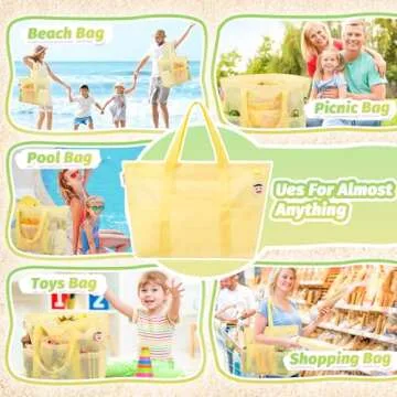 Tagitary Beach Toys Mesh Beach Bag with Zipper and 8 Pockets, Yellow Large Beach Tote Waterproof Sandproof for Camping Sports Pool Swim Bag Foldable Beach Accessories Storage Travel Bag