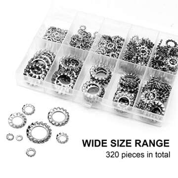 QTEATAK 320Pcs Stainless External Multi-Tooth Star Lock Washers Assortment Set-304 Stainless Steel, 8 Size (M2.5 M3 M4 M5 M6 M8 M10 M12)