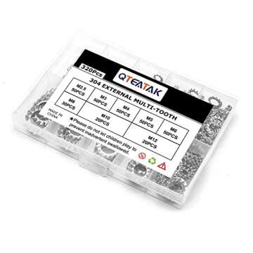 QTEATAK 320Pcs Stainless External Multi-Tooth Star Lock Washers Assortment Set-304 Stainless Steel, 8 Size (M2.5 M3 M4 M5 M6 M8 M10 M12)