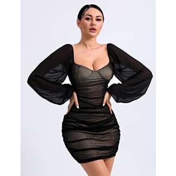 Joukavor Slim Mesh Long Puff Sleeve Mini Bodycon Dress Ruched Pencil Dress for Party Clubwear(Black, Medium)