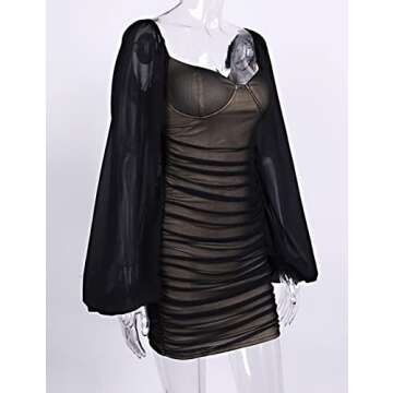 Joukavor Slim Mesh Long Puff Sleeve Mini Bodycon Dress Ruched Pencil Dress for Party Clubwear(Black, Medium)