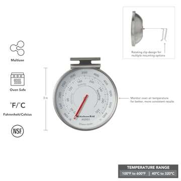KitchenAid KQ903 3-in Analog Dial Oven/Appliance Thermometer, Oven Food Grill Chef Smoker Cooking Th...