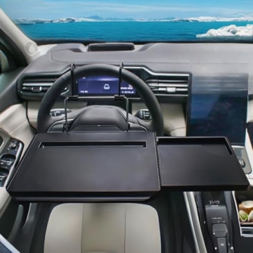 HUKURU Car Steering Wheel Tray - 2-in-1 Adjustable Car Desk with Drawer and Tablet Slot