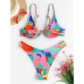 ZAFUL Ribbed Braided Straps Tanga Cheeky Bikini Swimwear