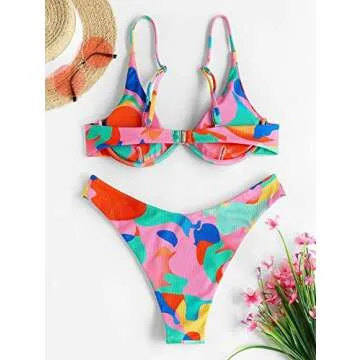 ZAFUL Ribbed Braided Straps Tanga Cheeky Bikini Swimwear