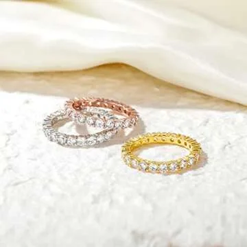 EAMTI 3mm 925 Sterling Silver Wedding Band Round Cubic Zirconia Full Eternity Stackable Engagement Ring for Women Size 3