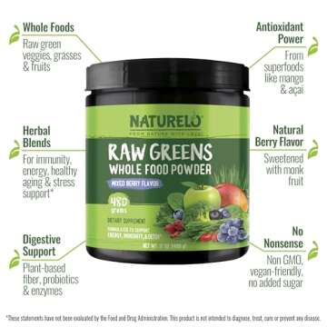NATURELO Raw Greens Superfood Powder - Mixed Berry - Boost Energy, Detox, Enhance Health - Organic Spirulina - Wheat Grass - Whole Food Nutrition from Fruits & Vegetables - 480 Grams