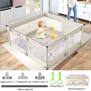 Fodoss Baby Playpen, Upgrade Playpen for Babies and Toddlers, 47x47x26inch Beige Play Pen for Babies with Hand Pulling Ring, Play Pen Center for Kids,Baby Fence,Baby Playards
