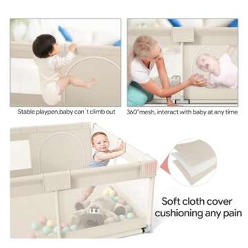Fodoss Baby Playpen, Upgrade Playpen for Babies and Toddlers, 47x47x26inch Beige Play Pen for Babies with Hand Pulling Ring, Play Pen Center for Kids,Baby Fence,Baby Playards